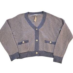 LC Lauren Conrad Womens Sz M V NEck Cardigan Sweater Blue Metallic Weave NEW